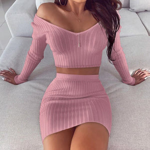 Ribbed Knitted Sexy Two Piece Long Sleeve Top and Skirt Set