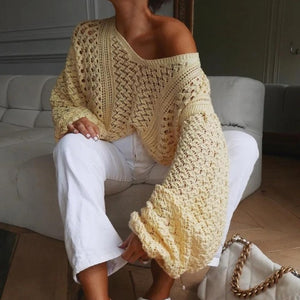 Sexy V-Neck Women's Sweaters Hollow Out Lantern Sleeve Pullover