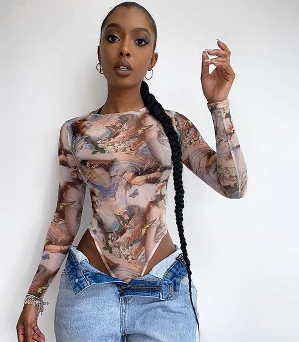 Long Sleeve Aesthetic Print High Waist Bodysuit