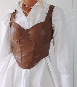 Leather Sexy Push Up Brown Corset Crop Top Sleeveless Backless