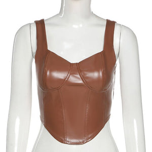 Leather Sexy Push Up Brown Corset Crop Top Sleeveless Backless