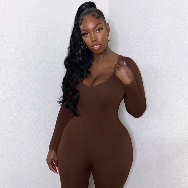 Long Sleeve Casual Solid Bodycon Jumpsuit