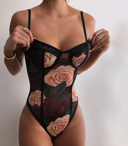 Floral Mesh Sheer Straps Bodysuit