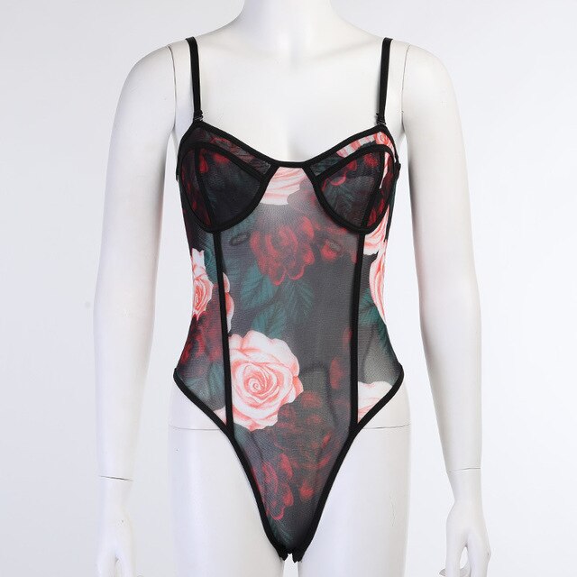 Floral Mesh Sheer Straps Bodysuit