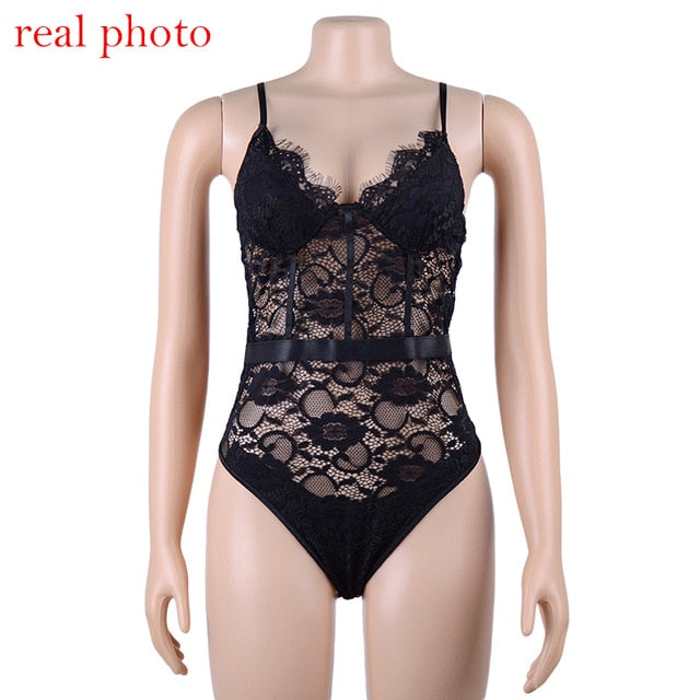 Mesh Sheer Lace Bodysuit Hollow Out Straps Bralette Bodysuit