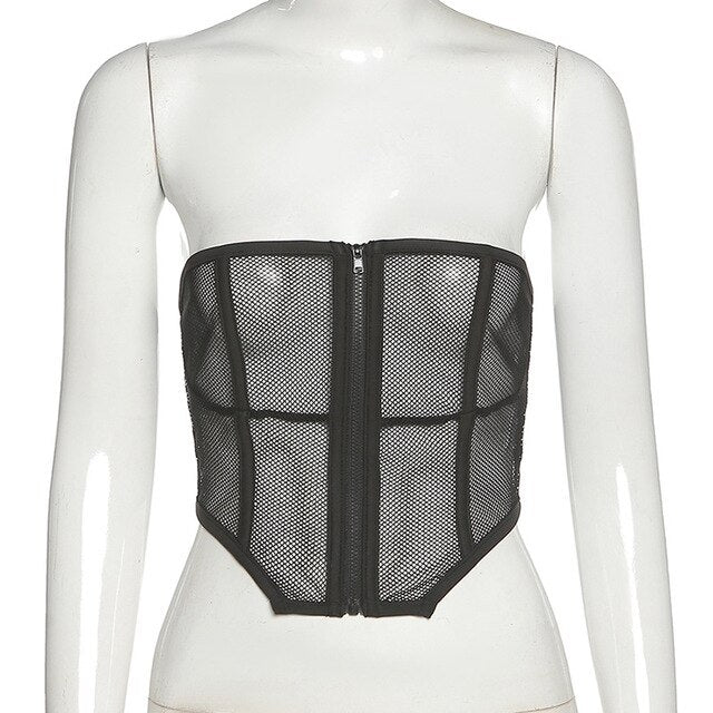 Fishnet Mesh Sleeveless Zipper Boned Corset Top Cropped